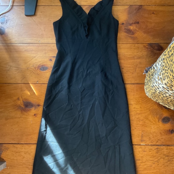 Tracy Reese / Anthropologie wool dress black w/ ruffled v neckline & low v back - Picture 5 of 13